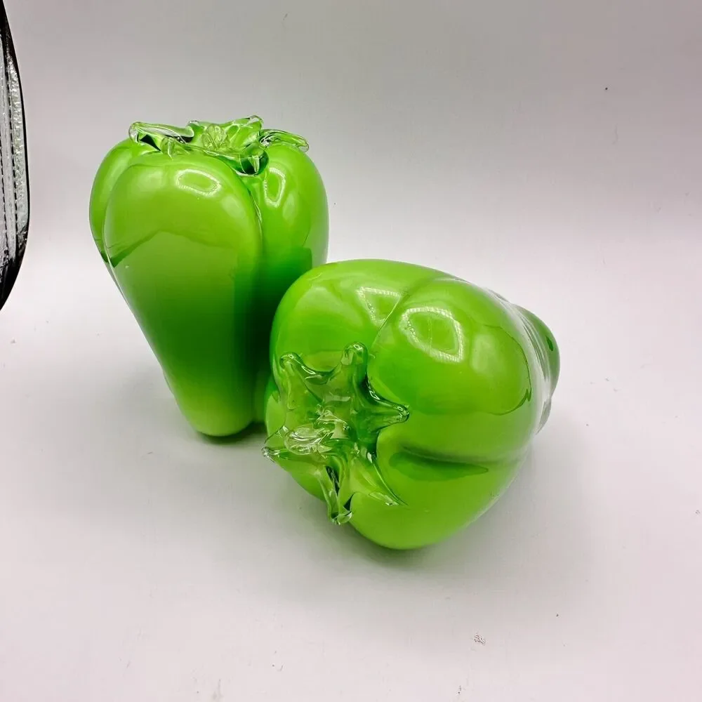 X2 Vintage Hand Blown Art Glass Green Pepper Kitchen Decor Vegetable Kitsch - Picture 2 of 4